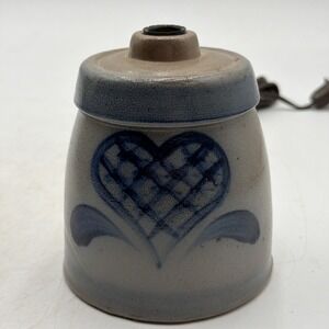 Rowe Pottery Works Gray Salt Glazed Small Crock Lamp with Blue Heart Design 1992